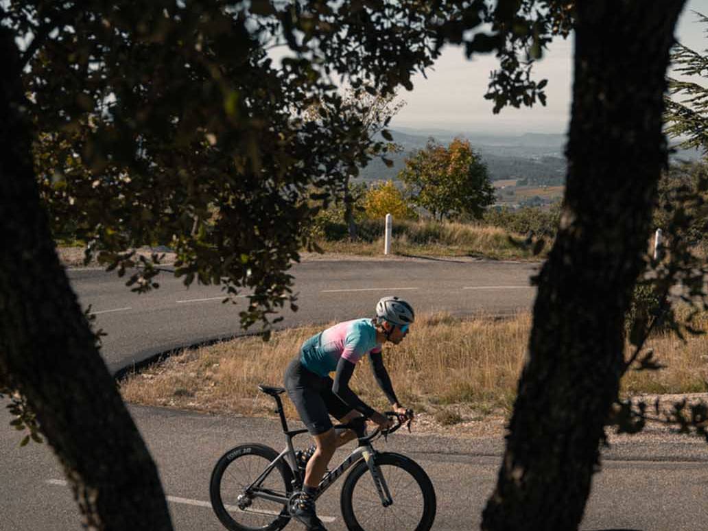 Cyclist riding on a winding road framed by tree branches, enjoying a quiet moment in nature with a distant view of the geneva to girona cycling tour countryside.