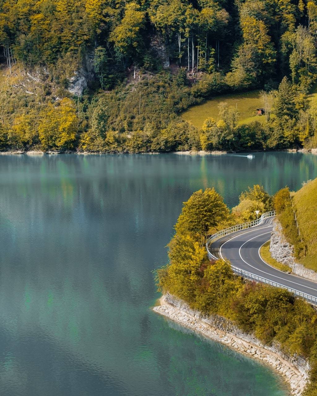 Curving road by a serene turquoise lake in Switzerland, surrounded by lush green hills and dense forested areas with autumn foliage.