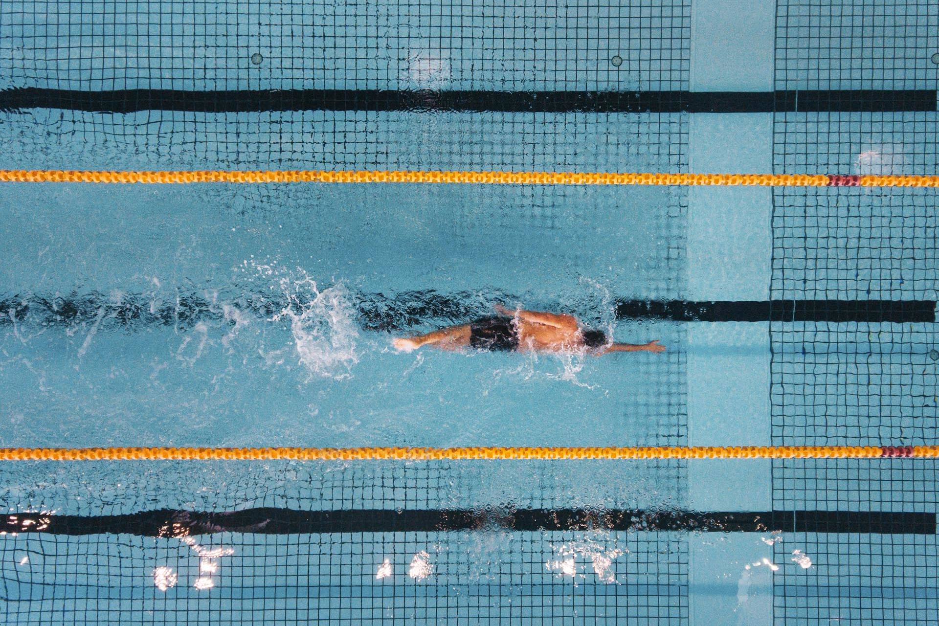 Top view shot of young man swimming laps in a swimming pool. Male swimmer swimming the front crawl in a pool.
