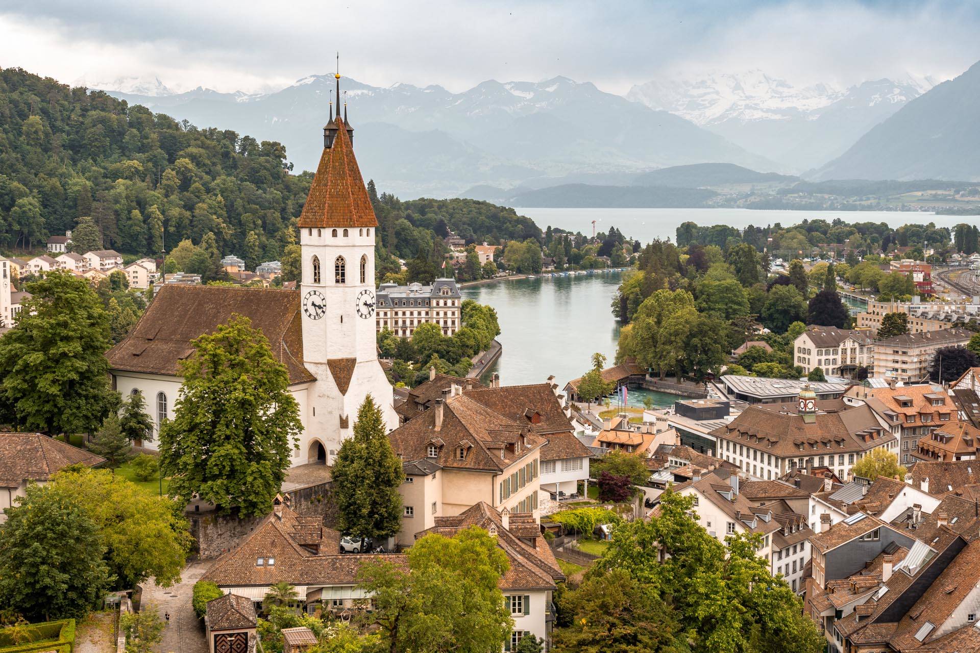 Thun, Switzerland - June 20, 2024: Views of Thun and Aar river from the castle in Switzerland.