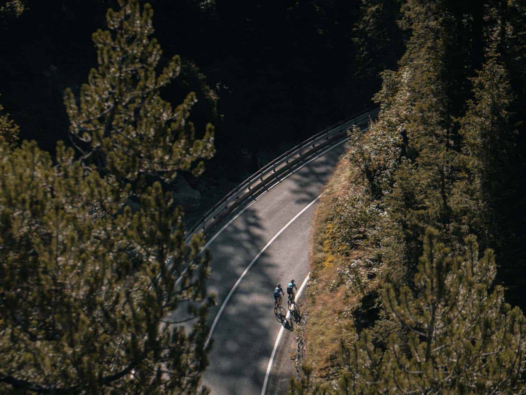 Two cyclists riding through a winding forest road, showcasing the tranquility and beauty of a road cycling tour in nature.